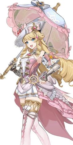 an anime character with long blonde hair holding a pink umbrella and wearing a costume that is very elaborately designed