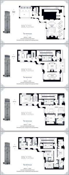 three floor plans for an apartment in new york city, with the upper and lower floors