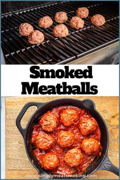 some meatballs are cooking in a skillet and the words smoked meatballs above it