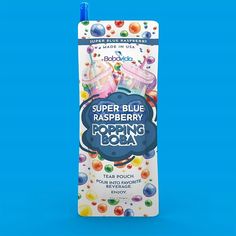 the packaging is designed to look like it has gummy bubbles on it and blue background