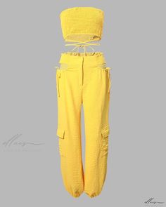 Elluis - Chic Crisscross Shirred Crop Tube Top and Cutout Pants Ensemble Yellow Two-piece Bottoms For Spring, Yellow Two-piece Bottoms, Summer High-waisted Two-piece Bottoms, Summer Two-piece High-waisted Pants, Fitted Summer Cargo Pants, Ankle-length, Casual Solid Two-piece Bottoms, Fitted Solid Color Parachute Pants For Summer, Cutout Pants, Cross Cutout