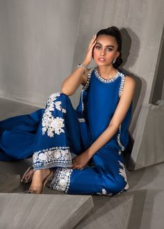 Fleur – Saira Shakira Eid Silk Sequined Palazzo Set, Summer Hand Embellished Designer Sets, Festive Silk Straight Pants, Elegant Unstitched Sleeveless Sets, Elegant Blue Designer Wear Pant Set, Elegant Blue Designer Pant Set, Designer Blue Sequined Palazzo Set, Elegant Blue Pant Set For Designer Wear, Festive Blue Pant Set