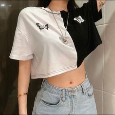 Cute Black And White Two Tone Crop Top From Japan, Featuring Little Butterflies And Cropped Length New Without Tags Size Small Edgy White Cotton Crop Top, White Edgy Crop Top For Spring, Crop Top Aesthetic, Loose Crop Top, Doc Martens Outfit, Crop Top Outfits, Cute Crop Tops, Crop Top Shirts, J Fashion