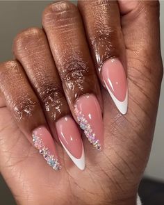 Glitter Gel Nail Designs, Classy Almond Nails, Oval Nails Designs, Engagement Nails, French Tip Nail Designs, Diva Nails, White Acrylic Nails