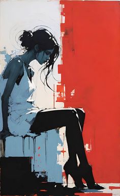 an abstract painting of a woman sitting on a stool in front of a red wall