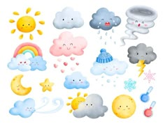 a bunch of clouds that are on a white background with snowflakes and sun