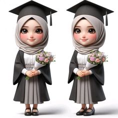 two identical images of a woman in graduation gowns holding flowers and wearing a hat