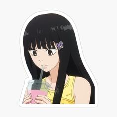 a girl with long black hair holding a drink and looking at the camera sticker