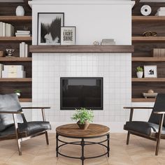 a living room with two chairs and a coffee table in front of a tv mounted on a wall