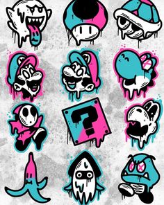 some stickers that are on the side of a white wall with blue and pink paint