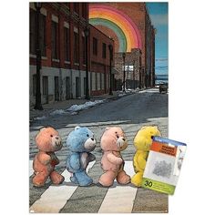 four teddy bears sitting in the middle of a crosswalk on a street with buildings