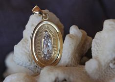 Solid 14K Yellow Gold Miraculous Medal Virgin Mary Pendant, 1", Catholic Spiritual Yellow Gold Wedding Jewelry And Charms, Yellow Gold Miraculous Medal Jewelry For Wedding, Symbolic Oval Jewelry For Commemoration, Wedding Yellow Gold Jewelry With Miraculous Medal, Anniversary Yellow Gold Miraculous Medal Jewelry, Anniversary Yellow Gold Jewelry With Miraculous Medal, Virgin Mary Pendant, Miraculous Medal, Virgin Mary