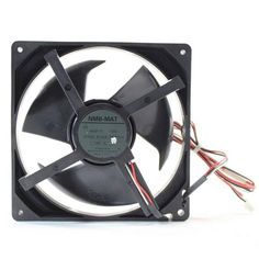 a computer fan with two wires attached to the back of it, on a white background