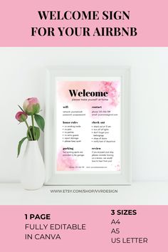 the welcome sign for your arrenb is displayed next to a vase with flowers