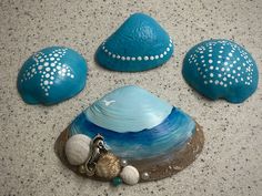 three seashells are sitting on the ground next to some rocks and sea shells