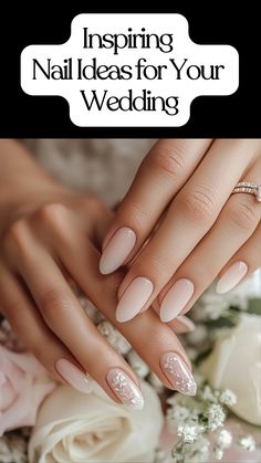 Bride’s hands with elegant wedding nails featuring soft, pastel colors and subtle nail art that complements her bridal dress and rings. Wedding Classy Nails, Traditional Wedding Nails For Bride, Wedding Nails For Bride Fall Colors, Bridal Ombre Nails Wedding, Wedding Nails 2024 Trends, Wedding Nails Winter, Bride Nail Designs Wedding Manicure, Neutral Nails For Photoshoot, November Wedding Nails