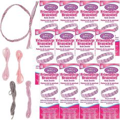 the package includes several different types of bracelets and two pairs of braiding beads