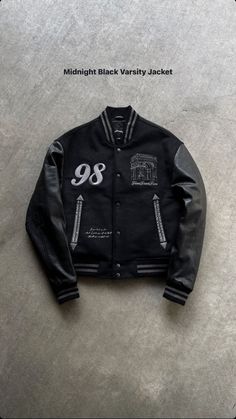 Cool Varsity Jackets, Black Varsity Jacket Outfit Men, Black Varsity Jacket Outfit, Varsity Jacket Outfit Mens, Black Letterman Jacket, Dope Jackets, Black Varsity Jacket, Varsity Jacket Black, Custom Varsity Jackets