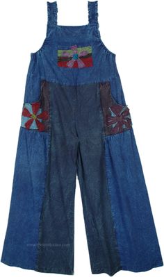 These bohemian cotton overalls are one-sized and feature unique patchwork designs highlighted by three distinctive floral patterns.  Each piece is slightly different but maintains similar color tones, predominantly in shades of blue and navy and vibrant accents. #tlb #Sleeveless #Patchwork #bohemianfashion #Handmade #hippieoveralls Bohemian Denim Blue Cotton Bottoms, Casual Blue Bottoms With Floral Patchwork, Bohemian Indigo Bottoms For Spring, Bohemian Cotton Bottoms With Floral Patchwork, Summer Cotton Patchwork Overalls, Summer Cotton Overalls With Patchwork, Bohemian Summer Bottoms With Floral Patchwork, Indigo Bohemian Bottoms For Summer, Bohemian Indigo Bottoms For Summer