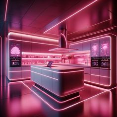 a futuristic kitchen with pink lighting and appliances