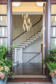 an open door leading to a staircase with potted plants on either side and lights hanging from the ceiling