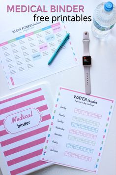 medical binder printables on a table with an apple watch and water bottle