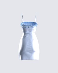 a white dress with blue trim on it