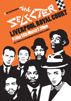 an orange and black poster with the words liverpool royal court on it's front