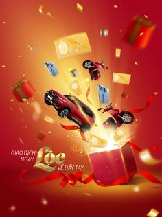 a red car is flying out of a gift box and it's surrounded by confetti