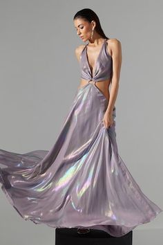 Holographic lilac long draped dress with waist cutout and attached ring. - Aza Fashions Holographic Dress, Long Drapes, Draped Dress, Dress For Women, Retro Dress, Women Dresses, Dress Pattern, Aza Fashion, Dresses Maxi