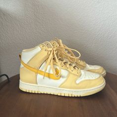 Size: 8-8.5 Brand New, Never Worn Yellow Custom Sneakers With Cushioned Footbed And Round Toe, Yellow Custom Sneakers With Cushioned Footbed, Yellow Custom Sneakers With Cushioned Footbed For Streetwear, Yellow High-top Custom Sneakers With Gum Sole, Yellow Nike Sneakers With Rubber Sole, Nike Yellow Sneakers With Rubber Sole, Retro Cream Sneakers With Round Toe, Trendy Yellow Lace-up High-top Sneakers, Yellow Skate Shoes With Boost Midsole And Round Toe