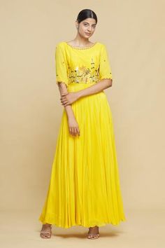 Shop for Desert Shine by Sulochana Jangir Yellow Chiffon Embroidered Gown for Women Online at Aza Fashions Yellow Floral Embroidered Georgette Dress, Yellow Georgette Dresses With Floral Embroidery, Yellow Floral Embroidered Dress For Reception, Yellow Dress With Floral Embroidery For Reception, Yellow Floral Embroidery Floor-length Dress, Yellow Floral Embroidered Floor-length Dress, Yellow Floor-length Dress With Floral Embroidery, Fitted Floral Embroidered Georgette Gown, Yellow Georgette Dress For Reception