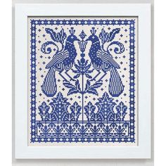 a blue and white cross stitch pattern with two birds on the left side, in a frame