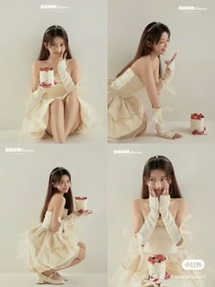 four pictures of a woman in white dress holding a cake and posing for the camera