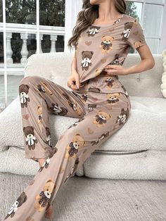 Multicolor  Collar Short Sleeve  Cartoon Pant Sets Embellished Slight Stretch All Women Sleep & Lounge Sleepwear Women Pajamas, Loungewear Outfits, Cute Pajamas, Pant Sets, Other Outfits, Bandana Print, Pajama Set Women, Cute Shorts, Pajama Sets