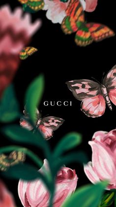 pink flowers and butterflies with gucci's logo on the bottom right corner, in front of a black background