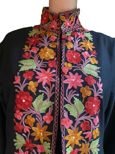 Fall Wool Blend Jacketkashmiri Embroidery Long Coat Trench - Etsy Kashmiri Embroidery, Mens Fashion Coat, Traditional Jacket, Vine Pattern, Color Embroidery, Bohemian Women, Fabric Buttons, Red Embroidery, Wool Blend Jacket