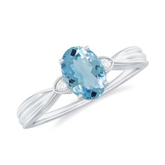 Oval Cut Real Aquamarine Solitaire Ring with Diamond Aquamarine - ( AAA ) - Quality - Rosec Jewels Aquamarine Solitaire Ring, Oval Setting, Ring With Diamond, Sparkling Diamond, 18k Yellow Gold Ring, Aquamarine Rings, Ring Sizer, Sparkle Diamonds, Yellow Gold Rings