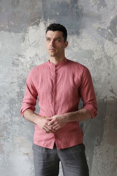 Mens linen shirt. Shirt for men. Dress shirt. Pink shirt. Flax Mens Linen Shirts Summer, Stylish Shirts Men, Banded Collar Shirts, Black Arts, Wedding Shirt, Mens Dress Shirts, Classy Fits, Short Kurta, Linen Fashion