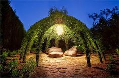 an outdoor seating area is lit up at night with lights on the ground and trees in the background