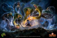 an image of a man surrounded by snakes in the water with fire coming out of his mouth