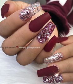 Burgundy Ombre Nails, Burgundy Coffin Nails, Acrylic Ombre, Burgundy Acrylic Nails, Ombre Burgundy, Ombre Acrylic Nails, Burgundy Nails, Red And Silver