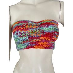 Crocheted Bandeau Top. 100% Acrylic Year, Band Is Approx 25" And Has Some Additional Stretch. Top Is 6"In Length. Fitted Multicolor Bandeau Tube Top, Multicolor Fitted Bandeau Tube Top, Multicolor Stretch Cotton Crop Top, Multicolor Strapless Casual Crop Top, Stretch Multicolor Tube Top, Multicolor Stretch Bandeau Top, Casual Multicolor Strapless Crop Top, Fitted Multicolor Bandeau Top, Multicolor Fitted Bandeau Top