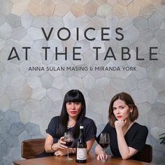 two women sitting at a table with wine glasses in front of them and the words voice's at the table behind them