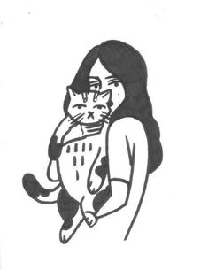 a black and white drawing of a woman with a cat on her shoulder, looking at the camera