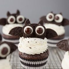 chocolate cupcakes decorated with white frosting and eyes