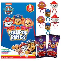 the paw patrol lollipop rings are on display