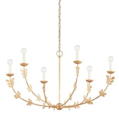 a chandelier with candles hanging from it's center and leaves on the bottom