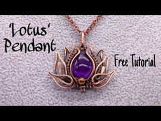 a necklace with an image of a purple stone in the center and words lotus pendant on it