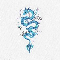 a drawing of a blue dragon with stars on it